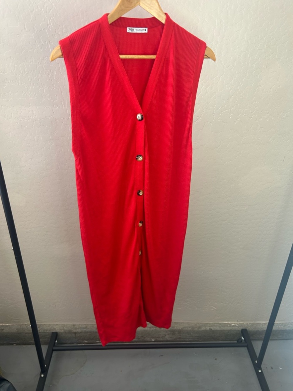 ZARA Red Ribbed Midi Dress Sleeveless Button Front Size L